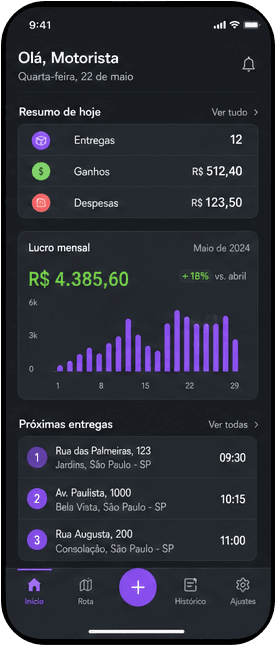 Painel do VamAI com ganhos e próximas entregas